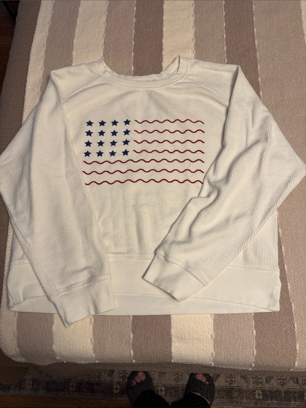 White Long-Sleeve Thermal Top with Flag Graphic